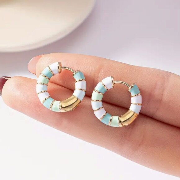 Curated by Megan Jewelry - NWTs - Gold Plated Green, Blue & White Enamel Hoop Earrings